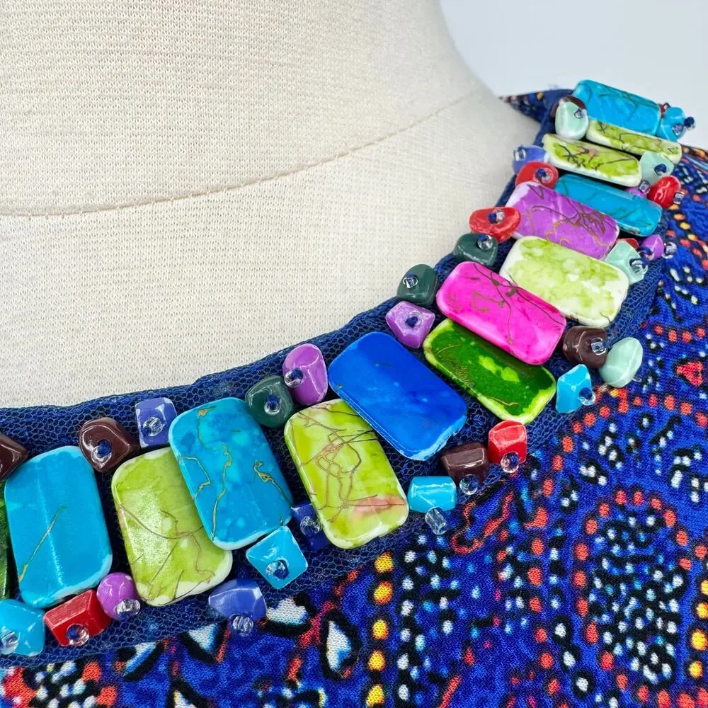 Boho Paisley Beaded Neck Cocktail Sheath Dress Teal Multi Size 10